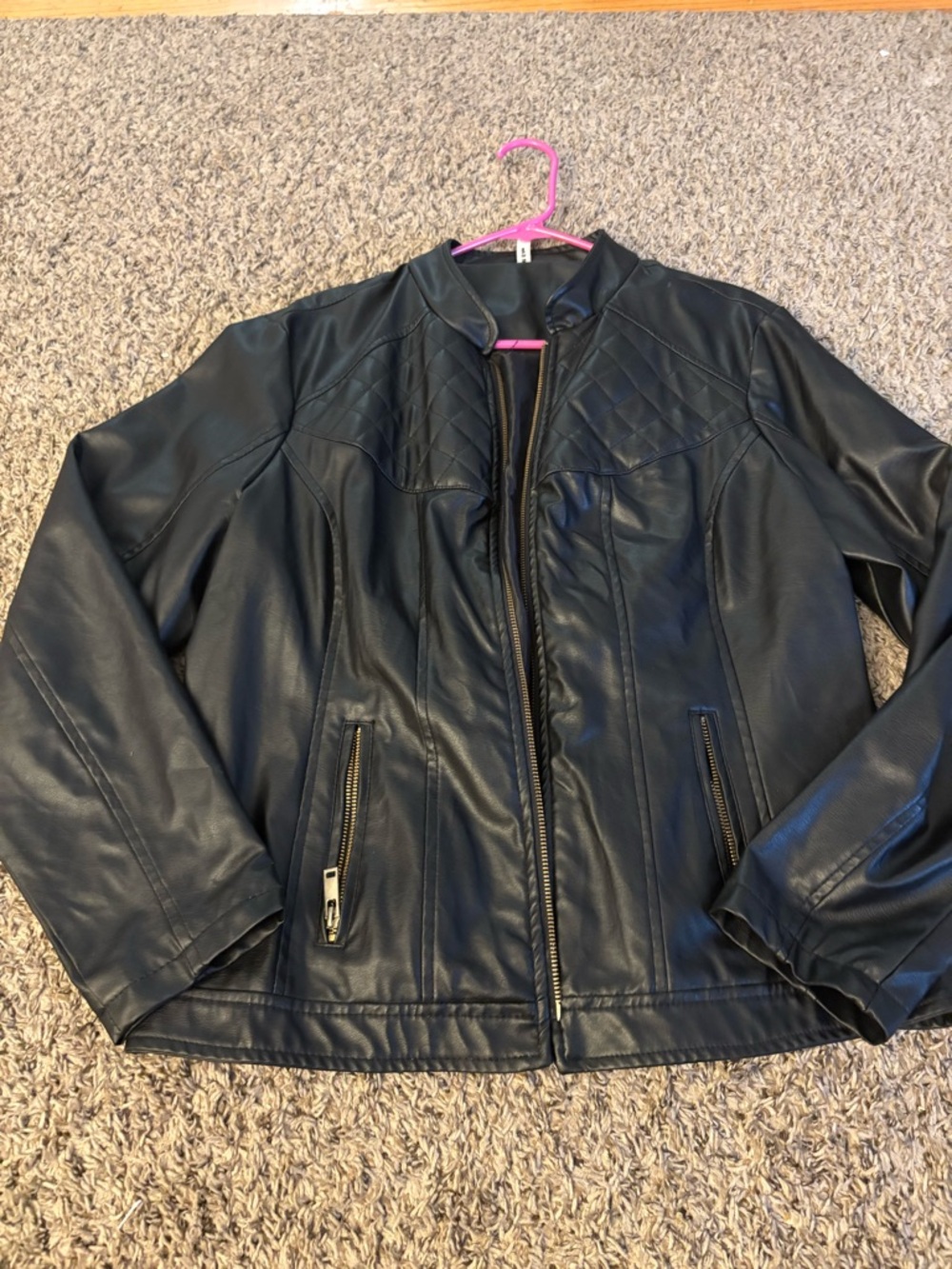 Womens Black Faux Leather Zip Front Jacket